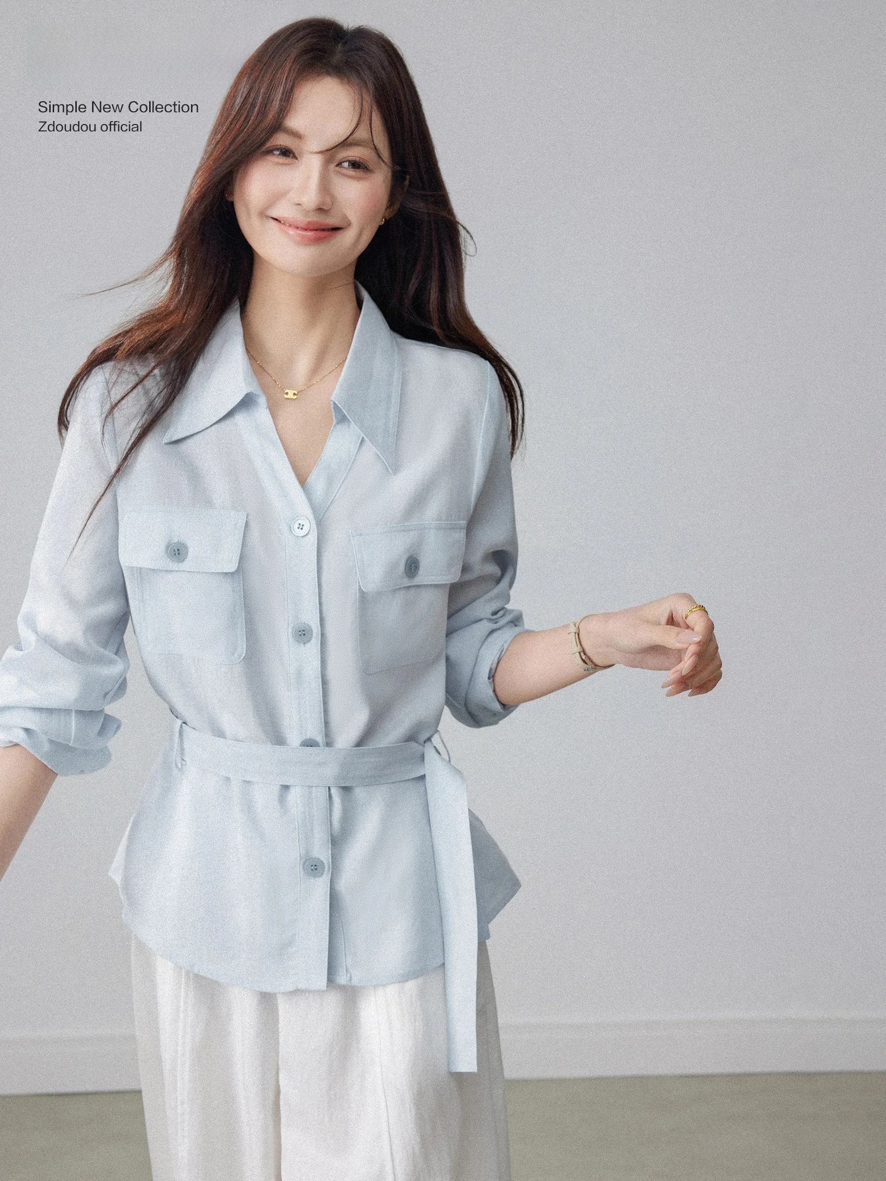 

Korean Sle Long Sve irt Women's Collared Slim Fit Waist Cinched Slimming Top Early Spring High End Feelings