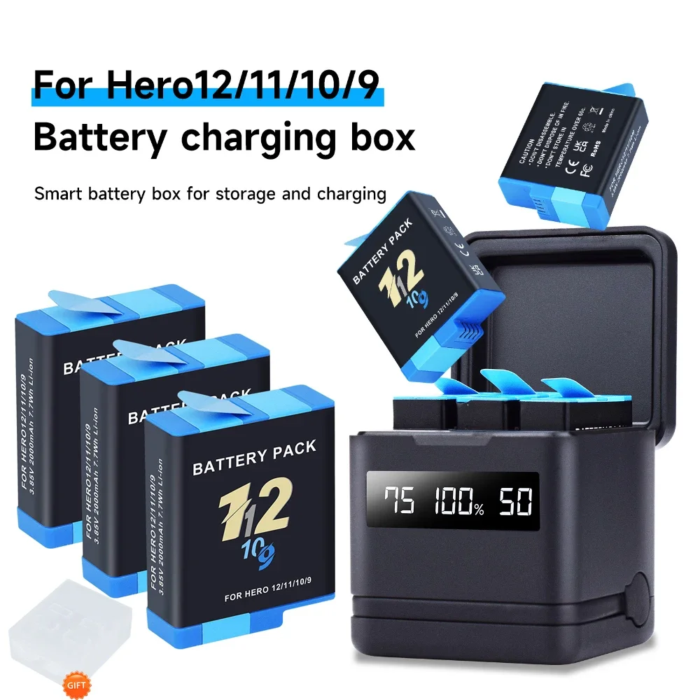 Batería de 2000mAh para GoPro hero 10 + cargador LCD de 3 ranuras con puerto tipo C para cámaras deportivas GoPro Hero 9 Go Pro 10 hero 11 12