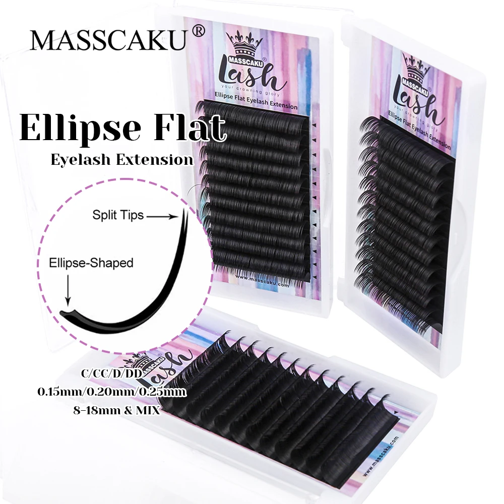 

Customized Private Logo 0.15/0.20/0.25mm Thickness Double Split Tips Shaped Lash Lightweight Ellipse Flat Eyelash from MASSCAKU