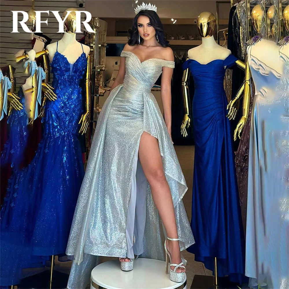 

RFYR Sky Blue Prom Dress Scoop Evening Party Dresses A Line Dress Floor Length Elegant Off the Shoulder Party Gowns Customized