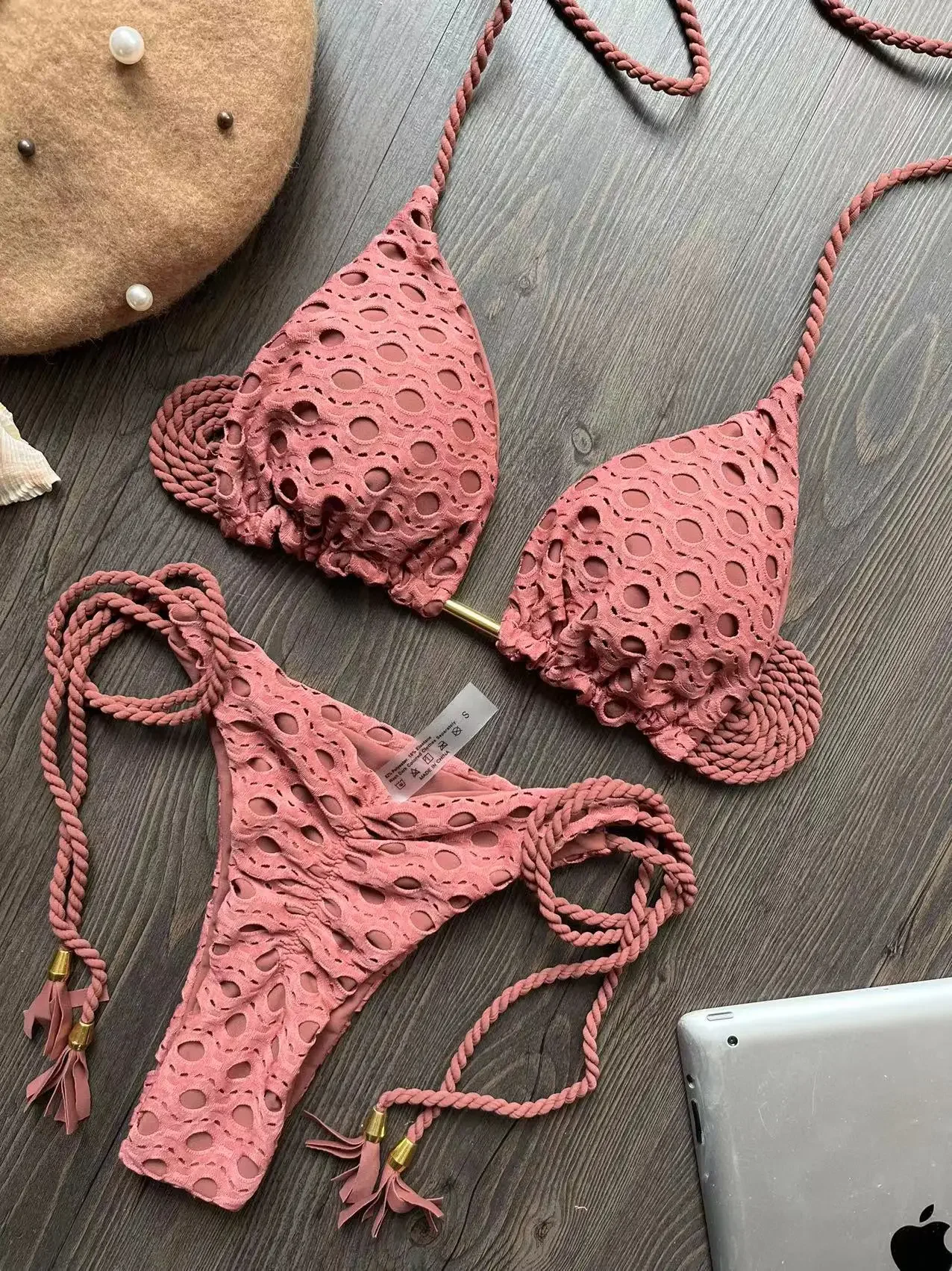 RUOTONSEPT セクシーな中空アウト編組ロープビキニセット水着女性の水着三角形固体水着ブラジル Biquinis
