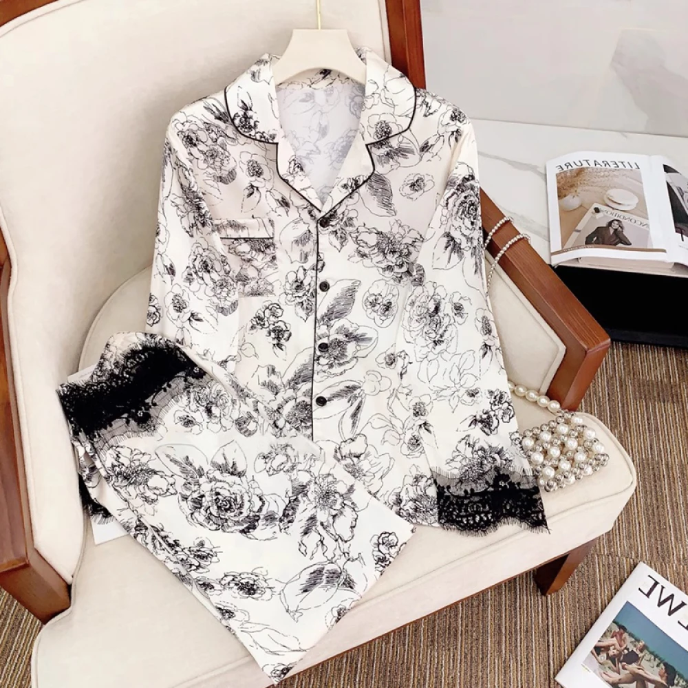 2024 Spring/summer Simulated Silk Women Pajamas Classic Elegant Flowers Print Housewear Long Sleeve Pant Two Piece Set Sleepwear