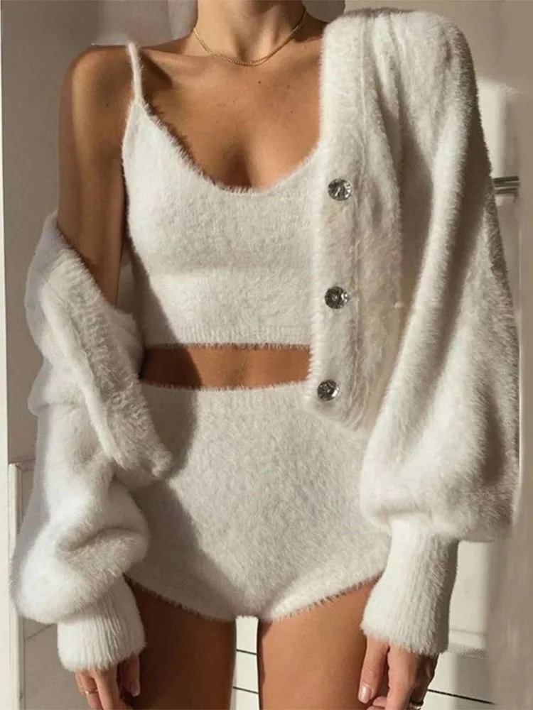 2023 Vintage Set Shaggy Korea Style White Cardigan Furry Single-breasted Button Tank Top Knitted Sweater Jumper 1 Set