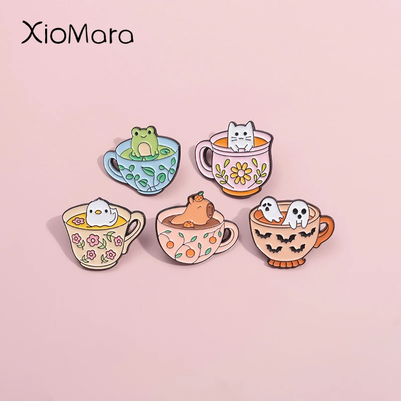 Kawaii Animal Tea Cup Enamel Pins Custom Bat Ghost Capybara Duck Frog Brooches Lapel Badges Jewelry Gift For Kid Friends