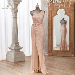 Glamorous Rose Gold Sequin Evening Dress with Elegant Straps Fitted Silhouette and Flattering High Slit Ideal for Formal Events