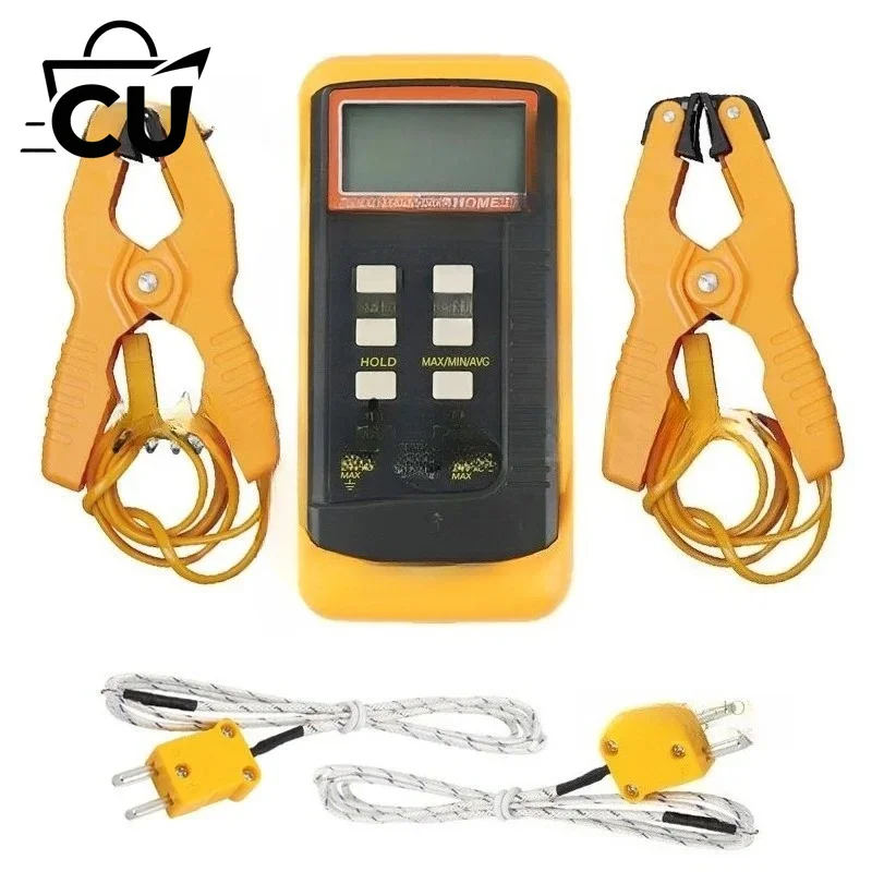 Digital K Type Thermocouple Thermometer(-50-1300°C) Dual Channel, 2 Thermometer Pipe Clamp and 2 Sensor Probes