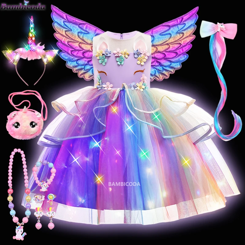 2023 Girls Shiny Unicorn Tutu Dress Glowing Kids LED Light up Dresses For Girls Halloween Princess Dress Children Clothing