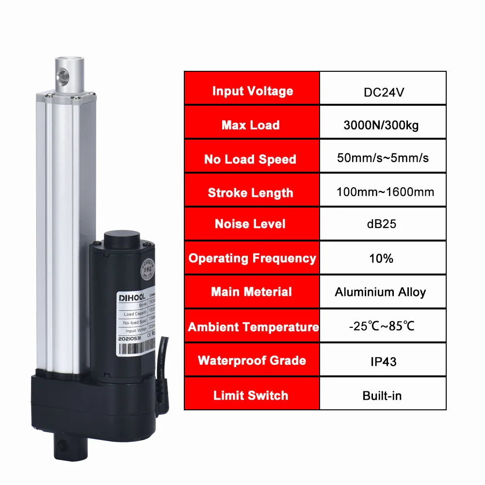 Imagem -05 - Atuador Linear de Levantamento Elétrico 3000n 24v 100 Mm1600 mm Curso 50kg300kg Carga Atuador Ajustável 25db 60w Abridor de Porta