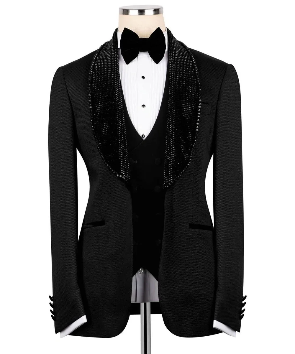 Black Single Breasted Suit With Silver Crystal Stone, Two Button Wedding Groom Tuxedo Suit, Men's Special Event Wear, Proms