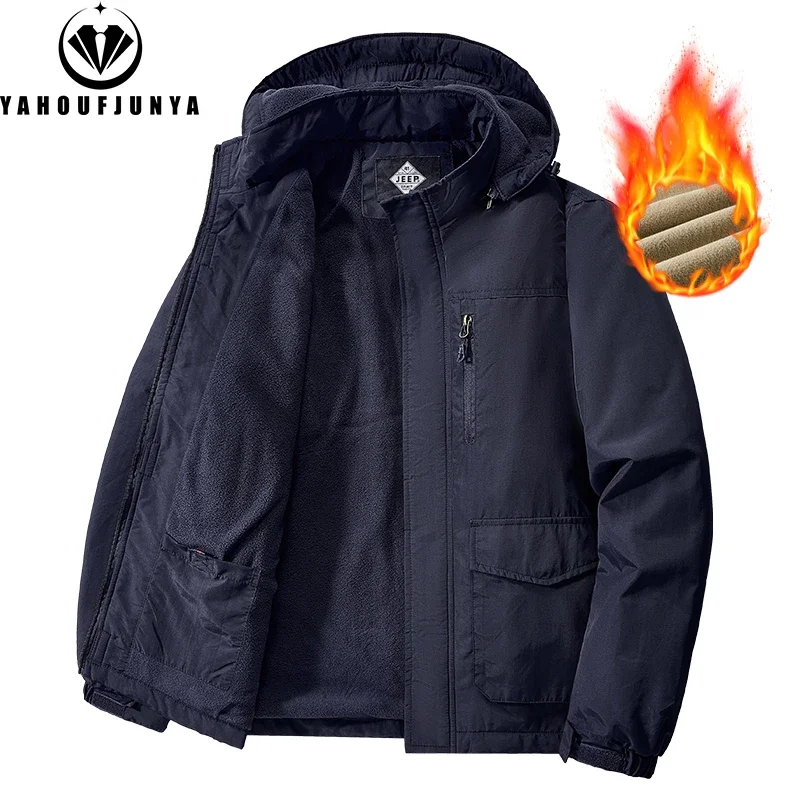 2024 New Winter Men Outdoor Camping Windbreak Fleece Warm Jacket Hiking Men Removable Hooded Comfortable Solid Jacket Coat Male