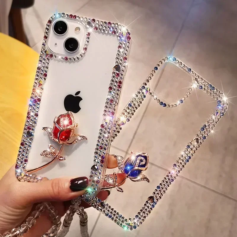 Diamond Bling Phone Cases for iPhone16 15Pro, 14Plus, 13 Pro, 12 Mini, 16Pro MAX, Rhinestone Cover, Glitter Rose