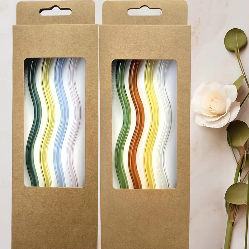 4Pcs Wavy Glass Straws Shatter Resistant, Colored Drinking Straws with 1 Cleaner Brush for Beverages Coffee Juice Cocktail Tea