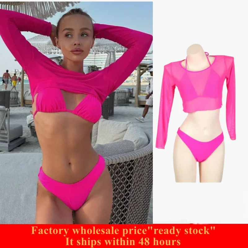 2025 new women's mesh midriff 3 in 1Bikini set gathered swimsuit bra + bottoms + cover-up swimsuit long-sleeved sunscreen mesh s