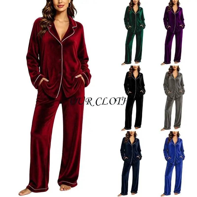 Womens Black Sleepwear Set Long Sleeve Piping Trim Shirt & Wide Leg Pants Cozy Winter Loungewear With Side Pockets