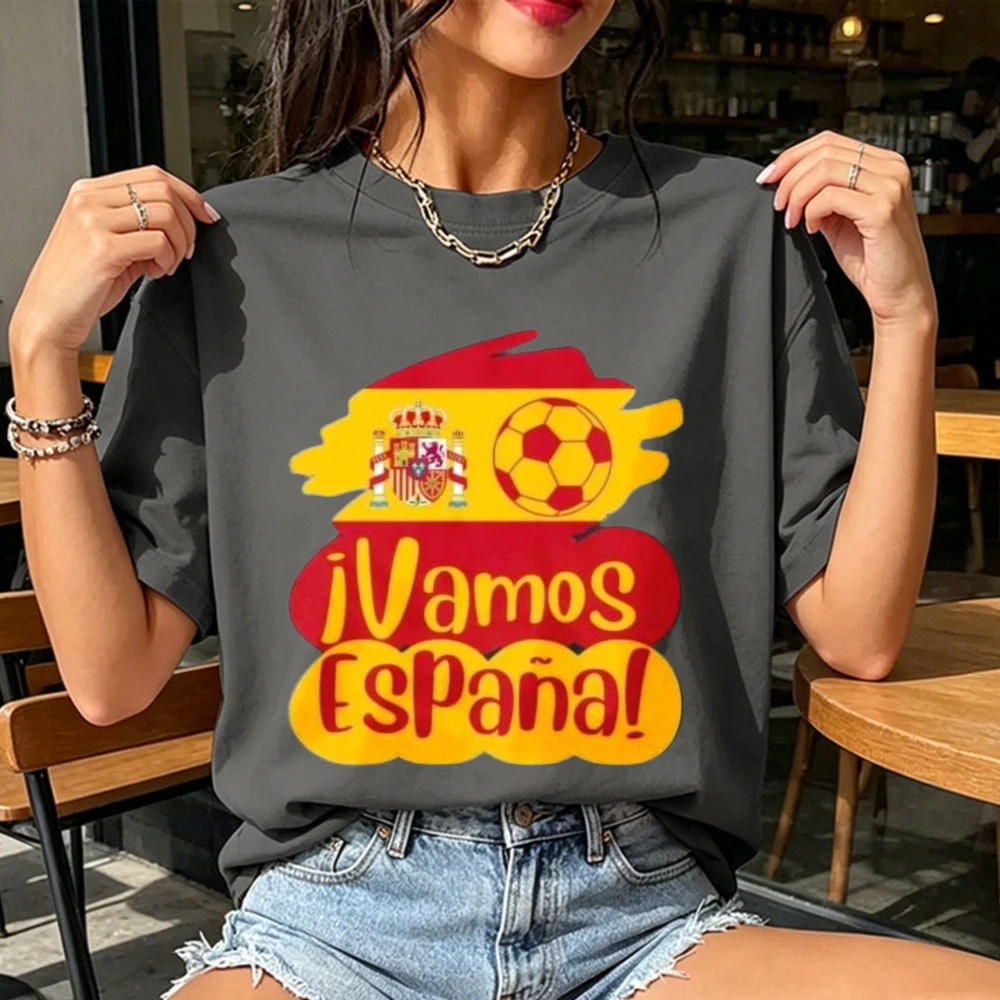 Spain Football Fan Cotton Tshirt Vamos Espana Brush Flag Soccer Crest Printing Unisex Tee Trendy Sports Fan Casual Tops