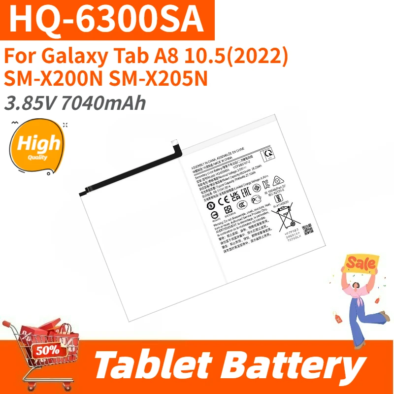 

High Capacity Tablet Battery HQ-6300SA 3.85V 7040mAh For Galaxy Tab A8 10.5(2022) SM-X200N/X205N Brand-New High Quality