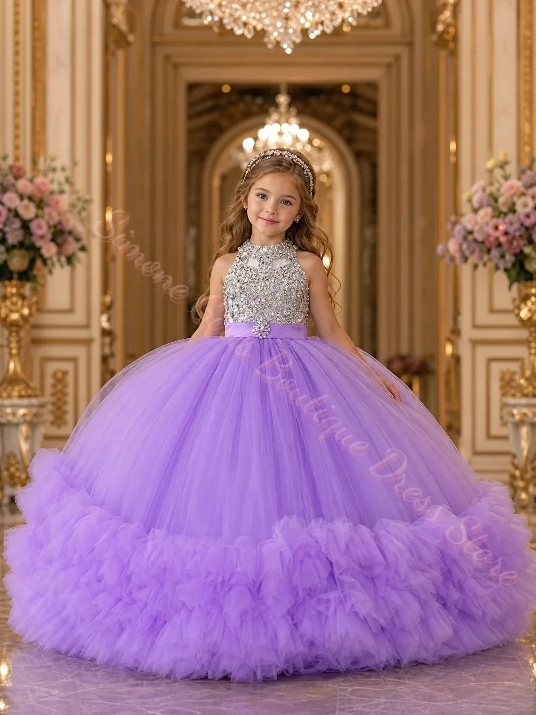 Großhandel Blumenmädchenkleid für Hochzeiten, Tüll, bauschig, mit Perlen, ärmellos, elegant, für Geburtstagsfeiern, Erstkommunion, Ballkleider, nach Maß – Detail 6