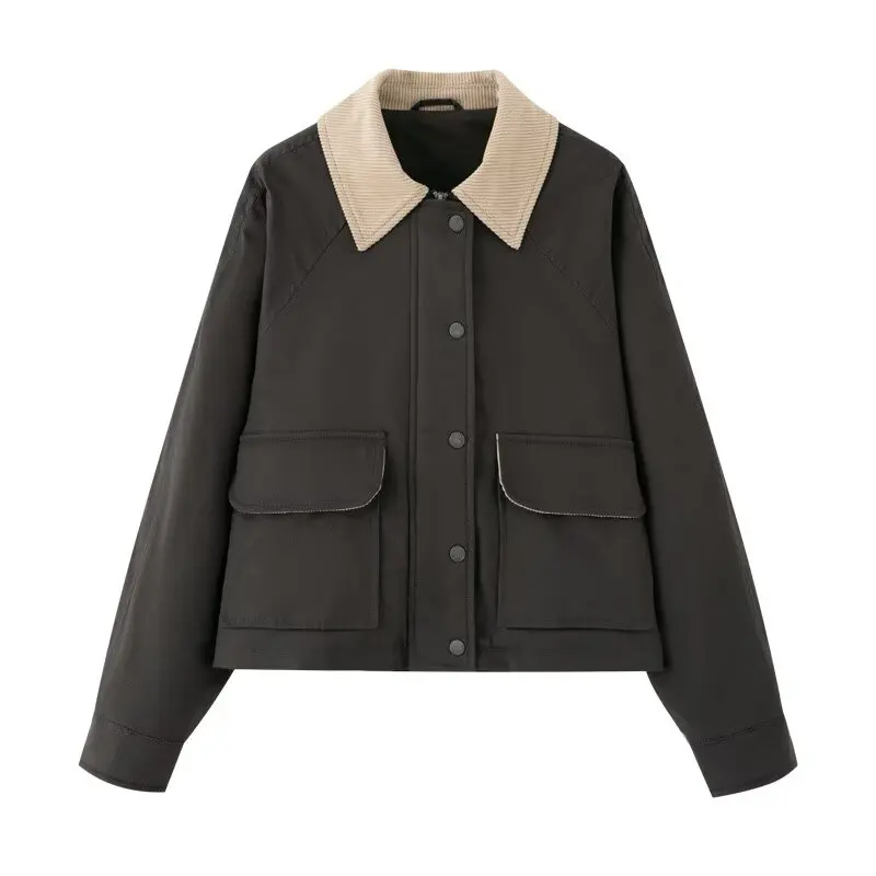 

Women's Jacket with Loose Contrasting Color Collar and Waxed Leather Lapel Exuding A Spring Style New Jacket