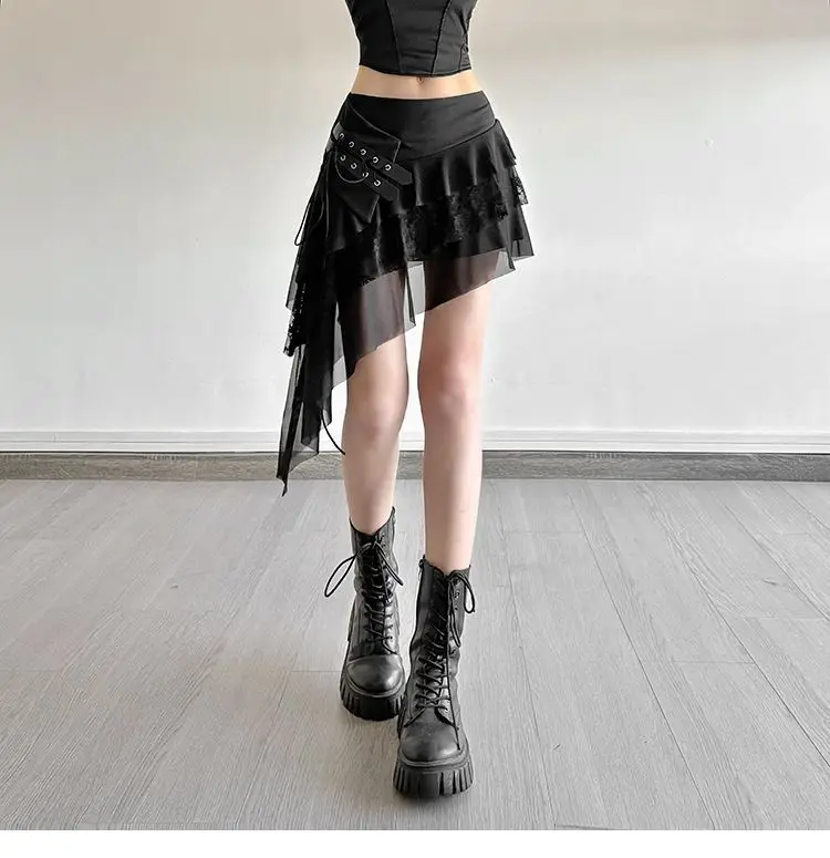 26SS Punk Lace Stitching Design Irregular Lace-up Skirt Women