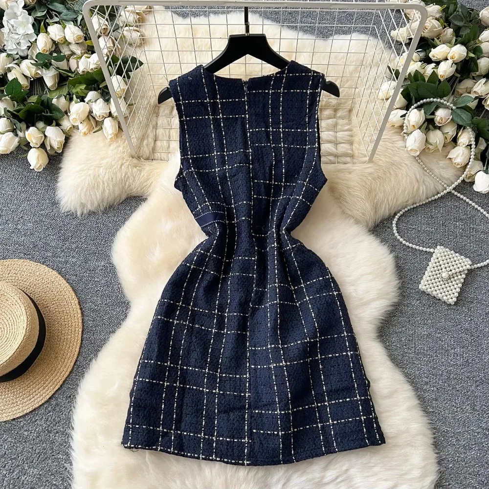 Vintage O-neck Elegant Sleeveless Chic Plaid Slim Bandage Short Dresses Korean Fashion Streetwear High Street Autumn Clothing