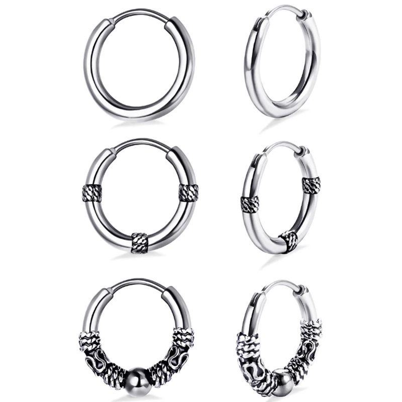 3 pairs of punk stainless steel men's earrings with a sleek plain loop light luxury surround design of vintage hoop earrings