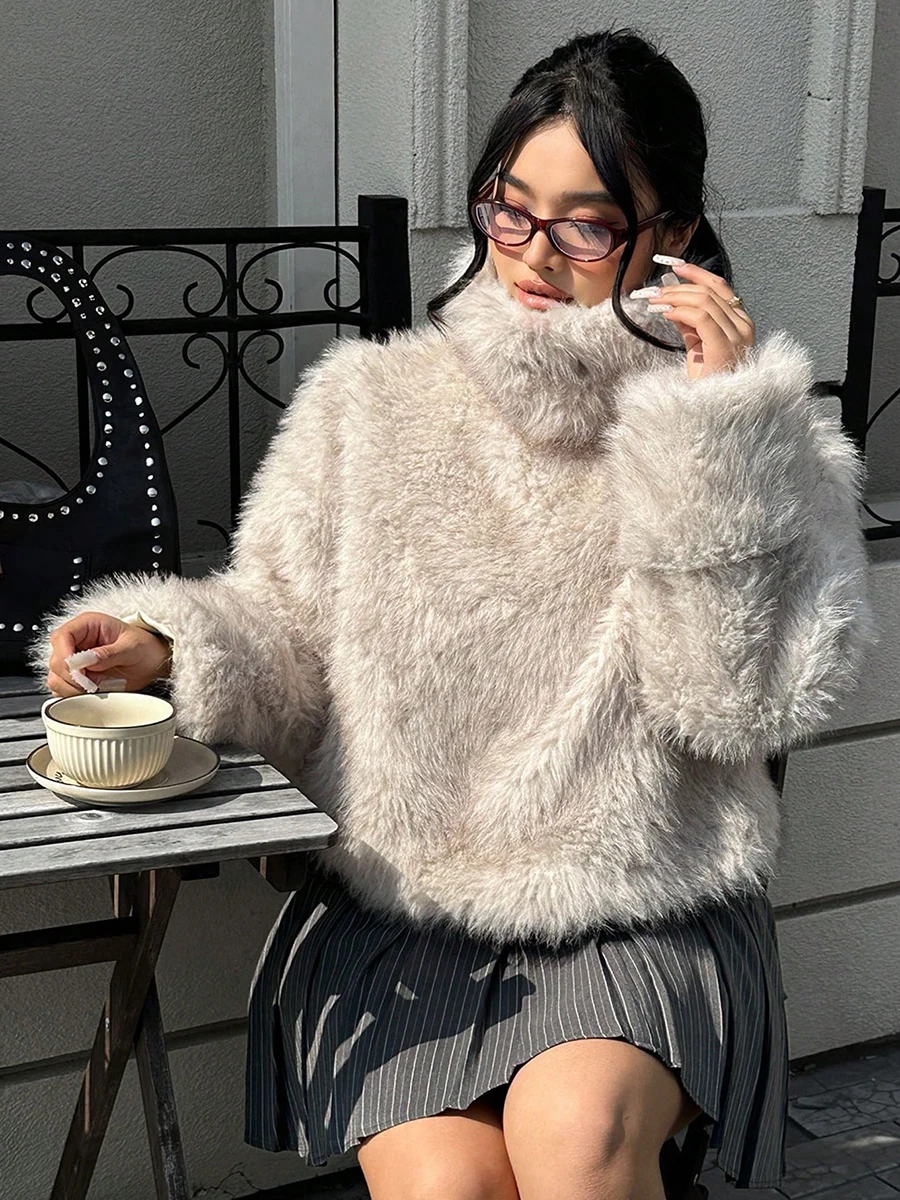 RU Women Turtleneck Fluffy Faux Fur Cropped Sweater Long Sleeve Loose Warm Winter Casual Streetwear