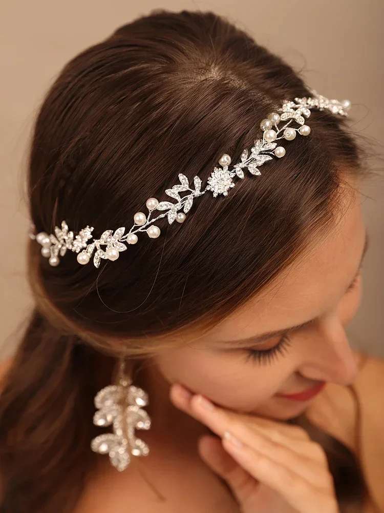 Tocado de novia con diamantes de imitación, Tiara nupcial con flores, diademas, joyería para el cabello de perlas, accesorios para el cabello de boda, pieza para el cabello hecha a mano para graduación