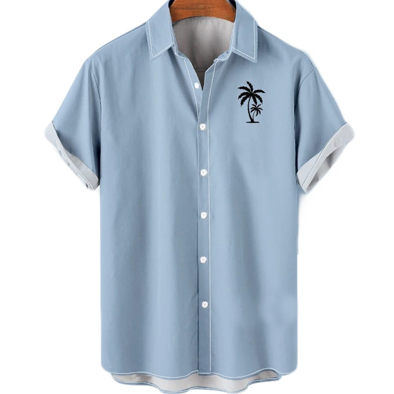 Men's Solid Color Hawaiian Coconut Casual Shirt 2022 Summer Short Sleeve Clothing Buttons T-Shirts Lapel Top