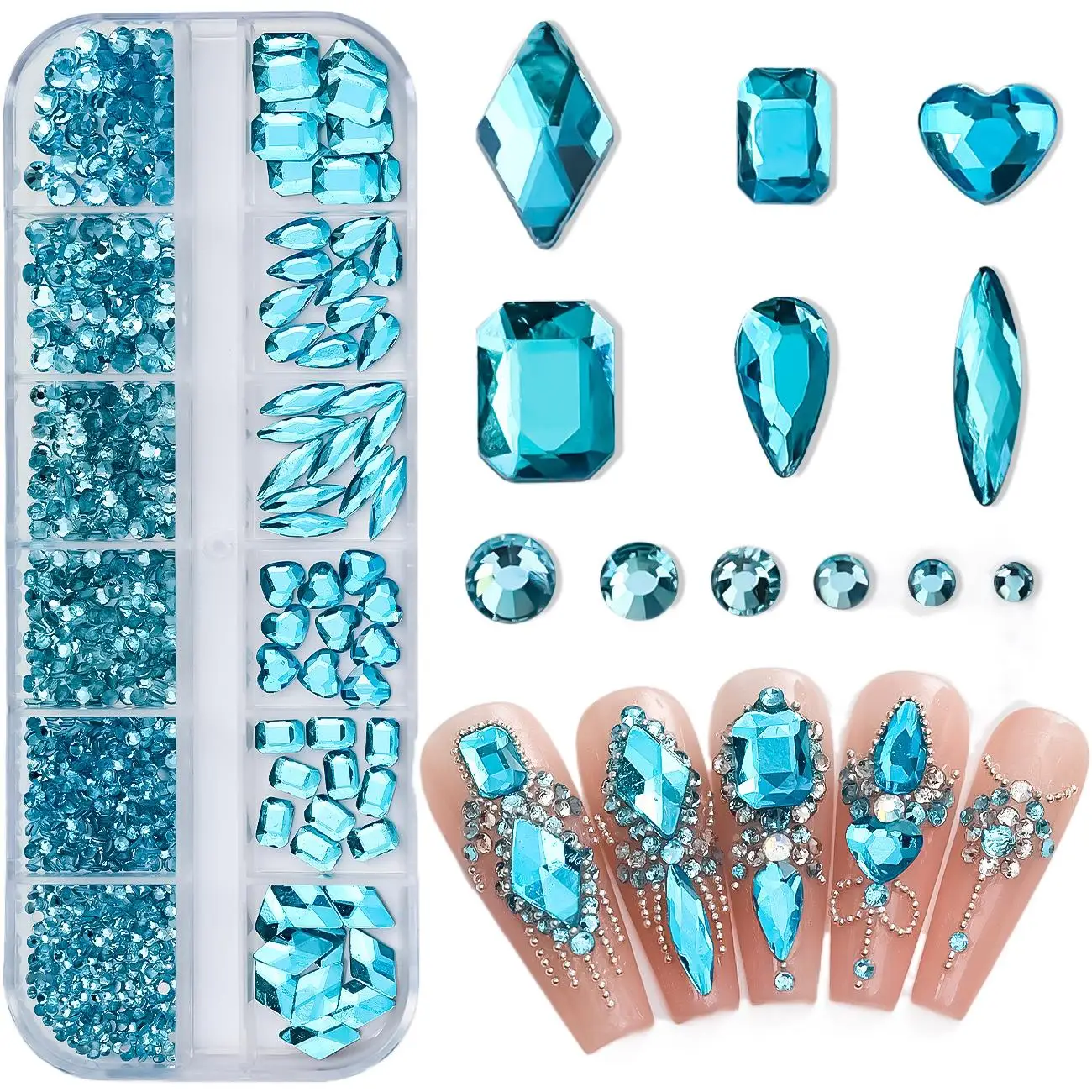 12 Grids Sparkle Translúcido Colorido Mix Formas Flatback Vidro Diamantes Nail Art Strass Jewel Decorações Manicure Encantos