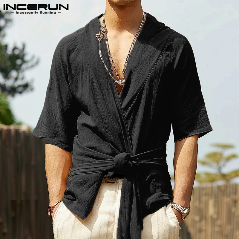 INCERUN Men Shirt Solid Color V Neck Half Sleeve Lace Up Casual Men Cardigan Kimono Streetwear 2024 Vintage Leisure Men Clothing