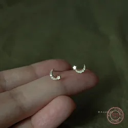 925 Sterling Silver Star and Moon Earrings for Women Girl Micro-set Zircon Small Earrings Korean Fashion Jewelry Party Gift