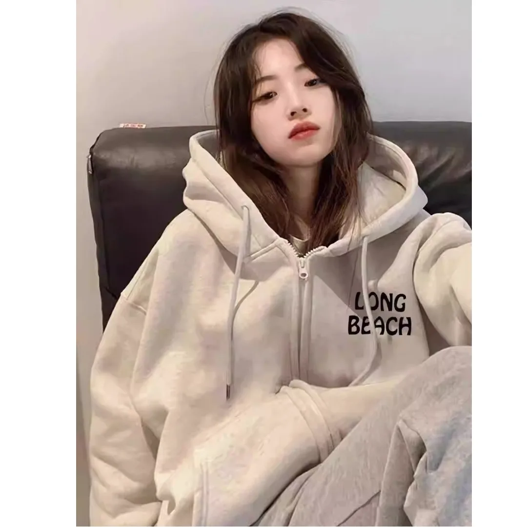 秋冬グレー花柄パーカー女性のオーバーサイズルーズドレープ怠惰なジッパージャケットオープンカーディガン綿 100% アウター