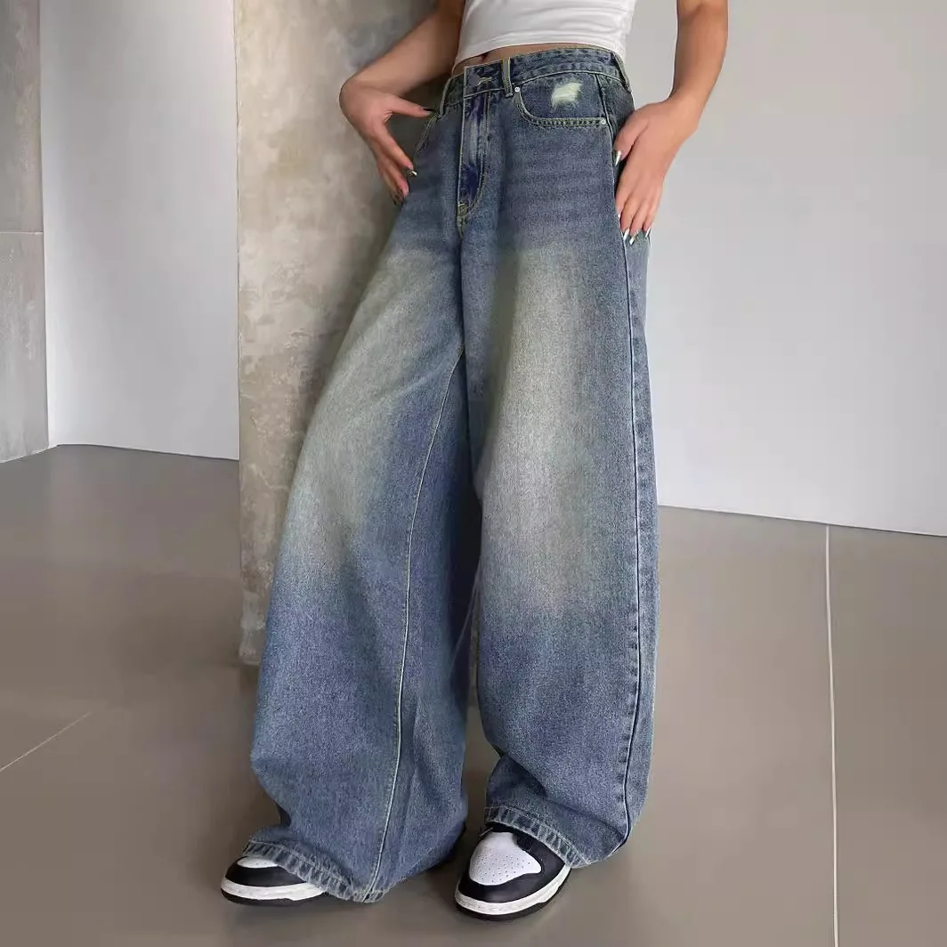 

European and American Washed Blue Wide-leg Super Long Mopping Jeans, Women's Ripped Loose Casual Denim Pants for Women Ladies