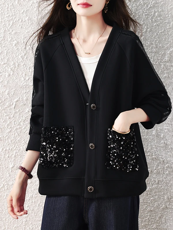 Shiny Sequin Splice Loose Fit Slimming Meat Concealing V-Neck Fashion Outerwear Autumn New Arrival Women's Short Coat
