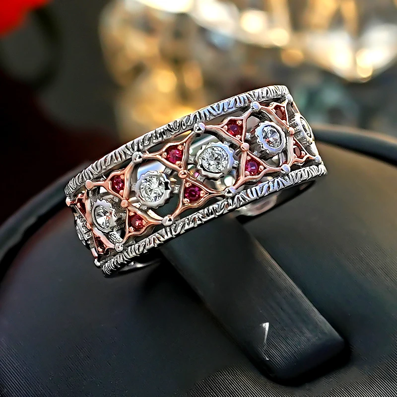 Mid Ancient Style Retro Hollow 925 Silver Diamond Ring Inlaid with Fabric, Home Temperament, Niche, Layered Fashion, Female