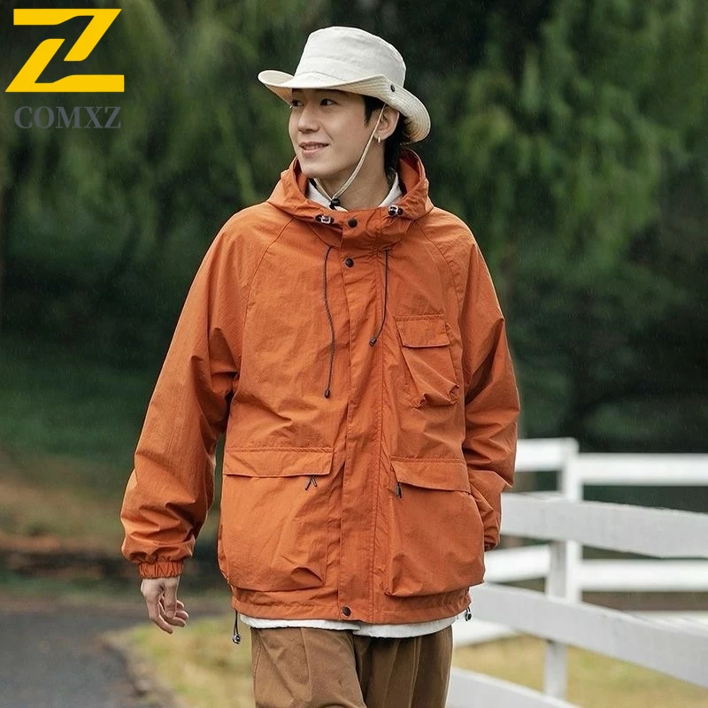 

COMXZ Mens Jacket Vintage Hooded Outdoor Mountaineering Windproof Coat Multi-Pocket Design Comfortable Lightweight Autumn Wear