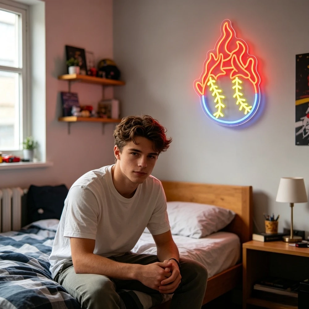 Flame Baseball Neon Sign LED Dimmable USB Wall Light for Sports Bar Man Cave Garage Game Room Sport Theme Party Wall Decor Gifts
