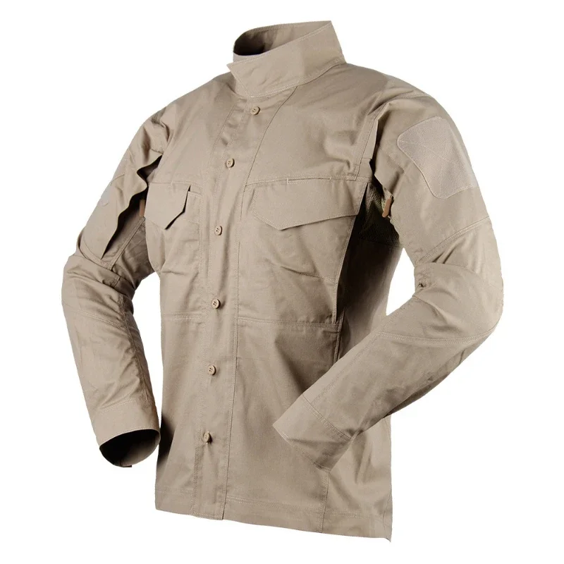 Camisa táctica de manga larga para hombre, Tops informales de camuflaje con una botonadura, uniforme de entrenamiento con cuello levantado y múltiples bolsillos