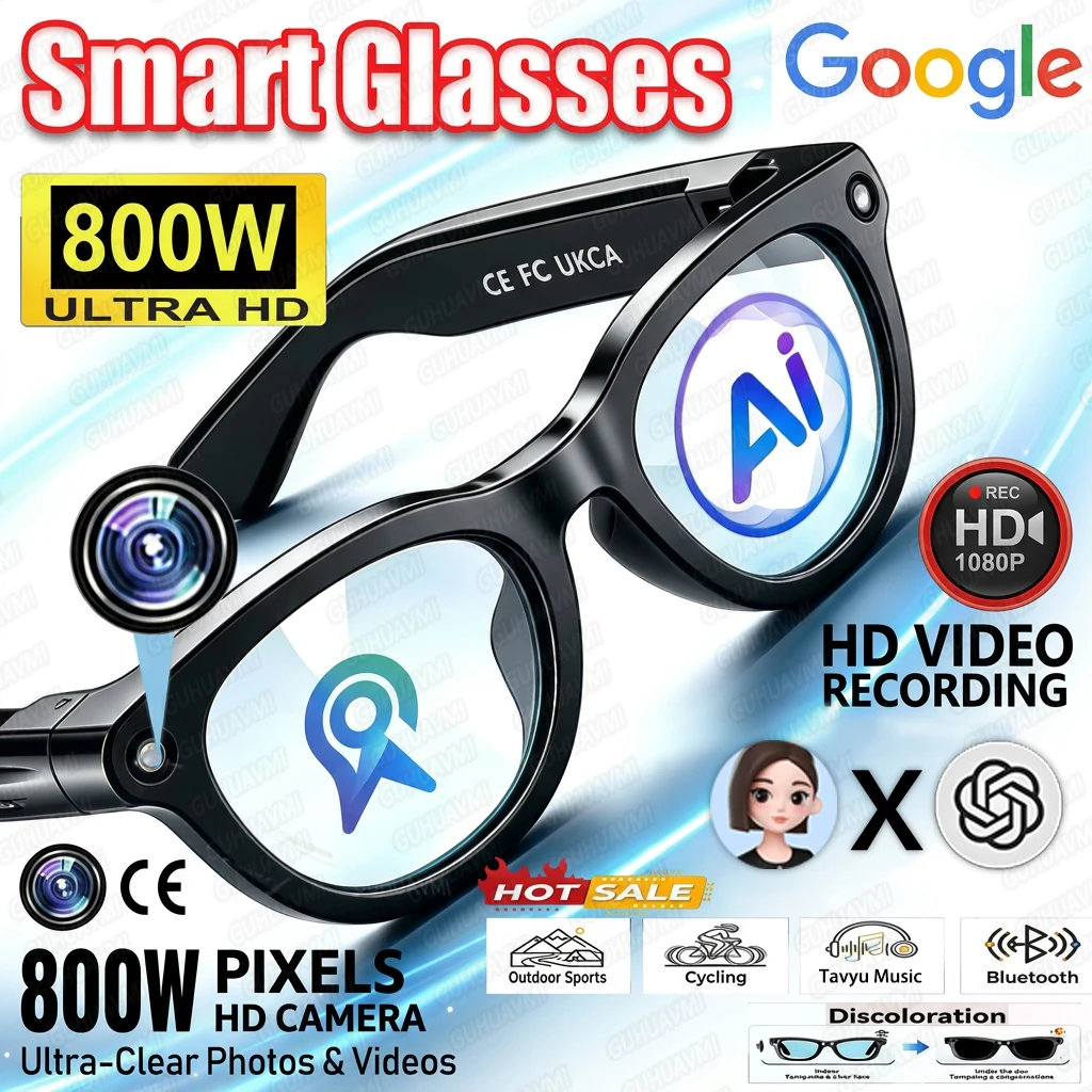 Nowe inteligentne okulary AI z 2026 roku, kamera 8MP, nagrywanie wideo w wysokiej rozdzielczości, tłumaczenie AI, transfer danych przez WiFi, połączenia Bluetooth, odtwarzanie muzyki, idealne do jazdy