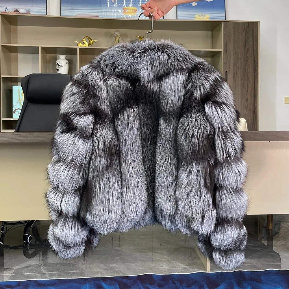 Women's Luxury Natural Fox Fur Jacket Long Turn-Down Collar Real