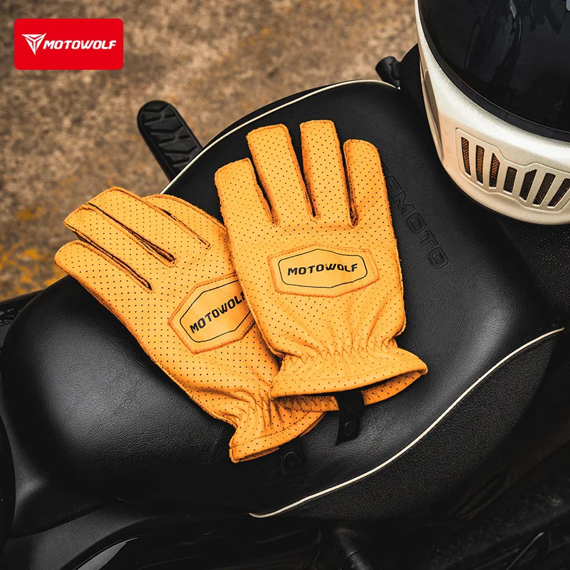 MOTOWOLF Motorcycle Riding Work Gloves Brown Retro Style Touchscreen Breathable Leather Glove Motocross Racing