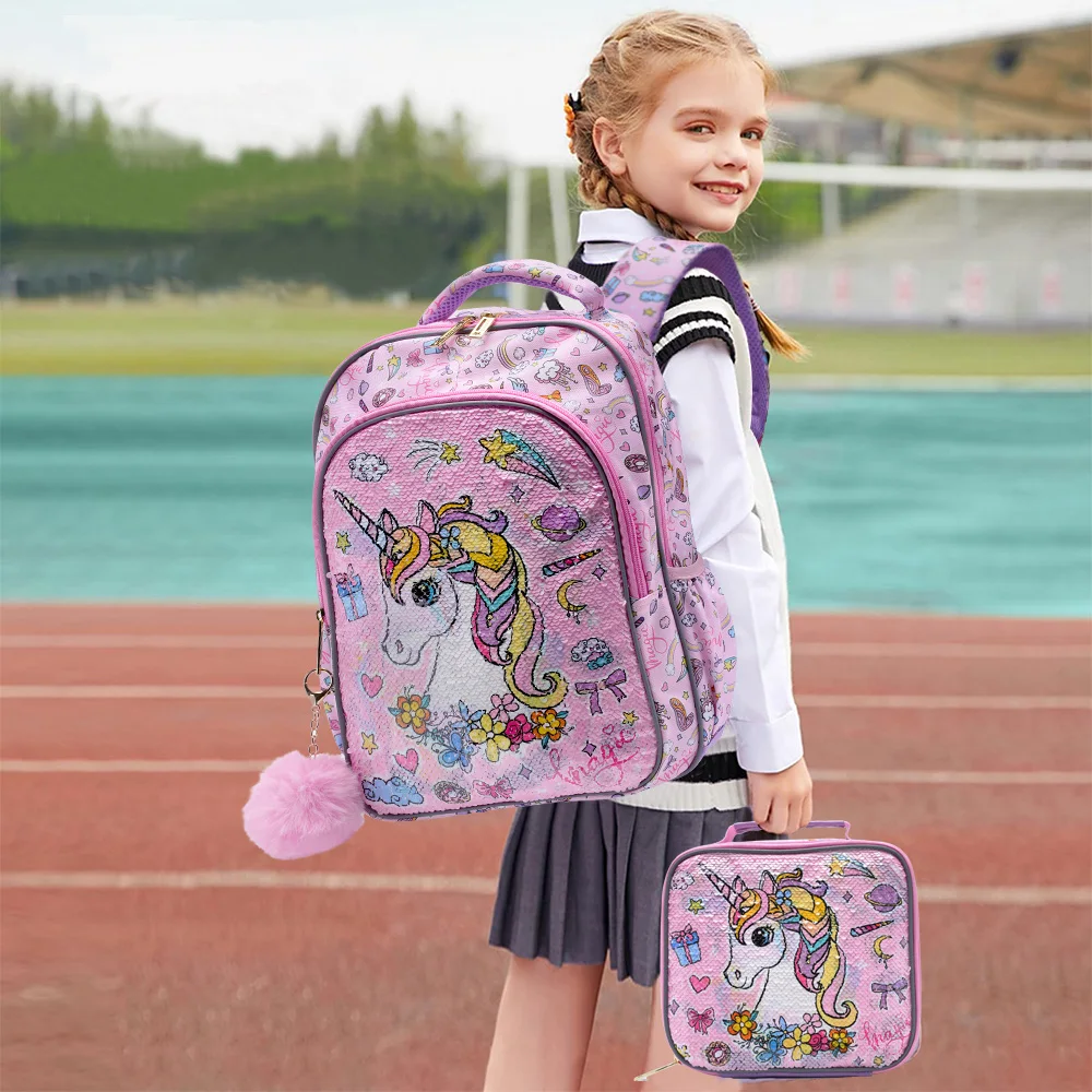 

3PCS set Backpack For Girls, Cute Pink Unicorn sequin School BookBag With Lunch And Pen Bag Glow-in-the-dark Function
