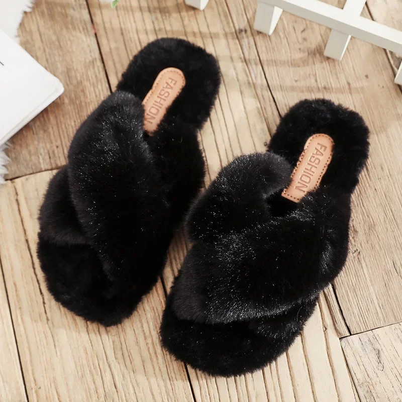 Women Fashion Warm Fluffy Slippers Cozy Faux Fur Cross Indoor Floor Slides Flat Soft Furry Ladies Female Celebrities Flip Flops