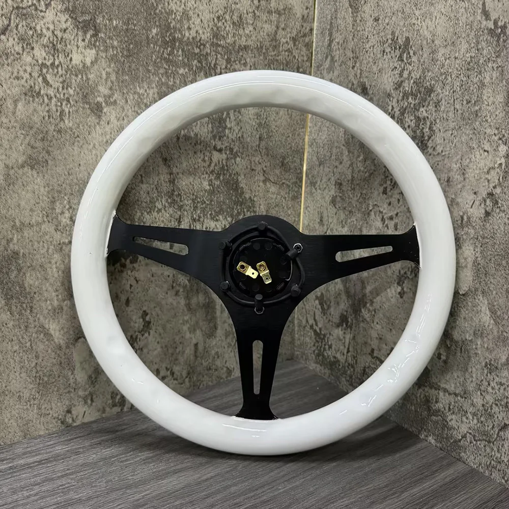 White Racing Car Drift 350mm 14 Inch with Fluorescence Solid Wood Steering Wheel