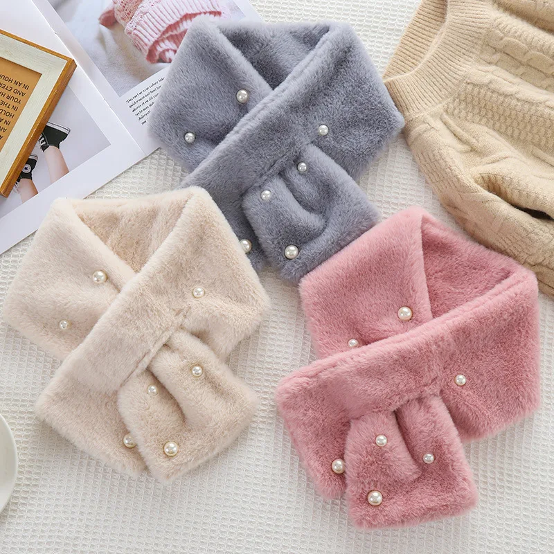 Korean Solid Pearl Faux Rabbit Fur Cross Neck Protection Warm Plush Scarf Women Winter Outdoor Windproof Thicken Fake Collar Bib