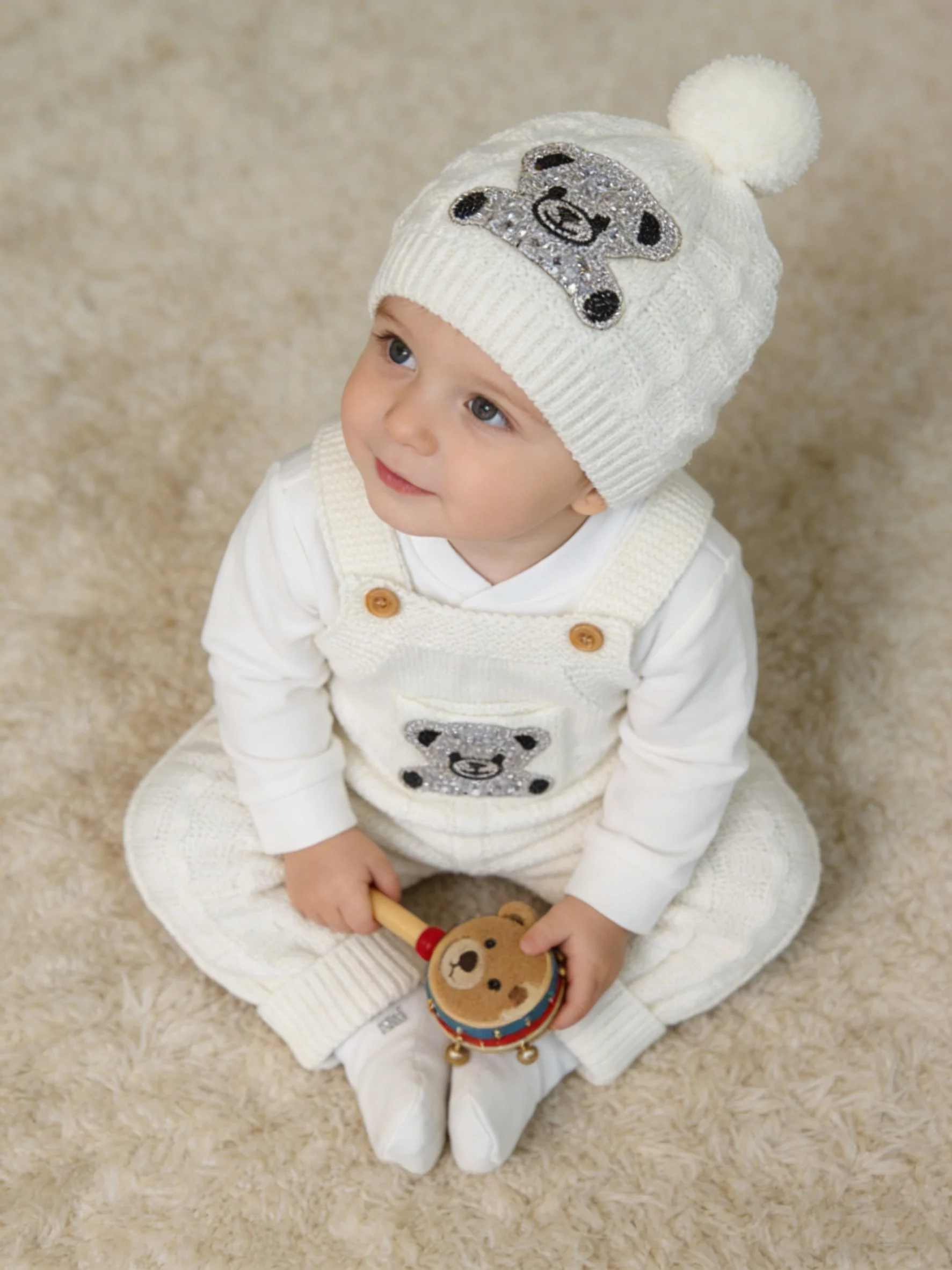 Baby Boy Cream Teddy Bear Knit Set - Overalls Onesie Hat with Rhinestone Bear - Adorable for Daily Wear, Baby Shower, Photos