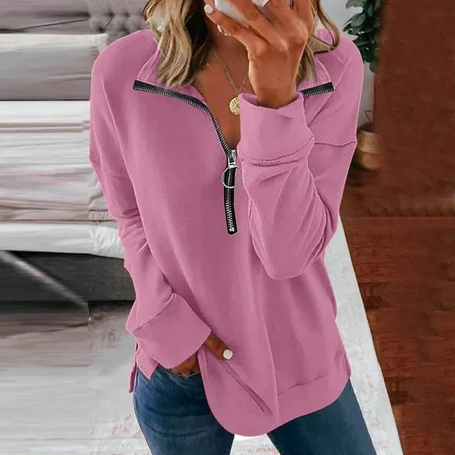 2024 Cross Border Solid Color Simplified European And American Supply Comfortable Leisure Commuter Long Sleeved Zipper TopWF4