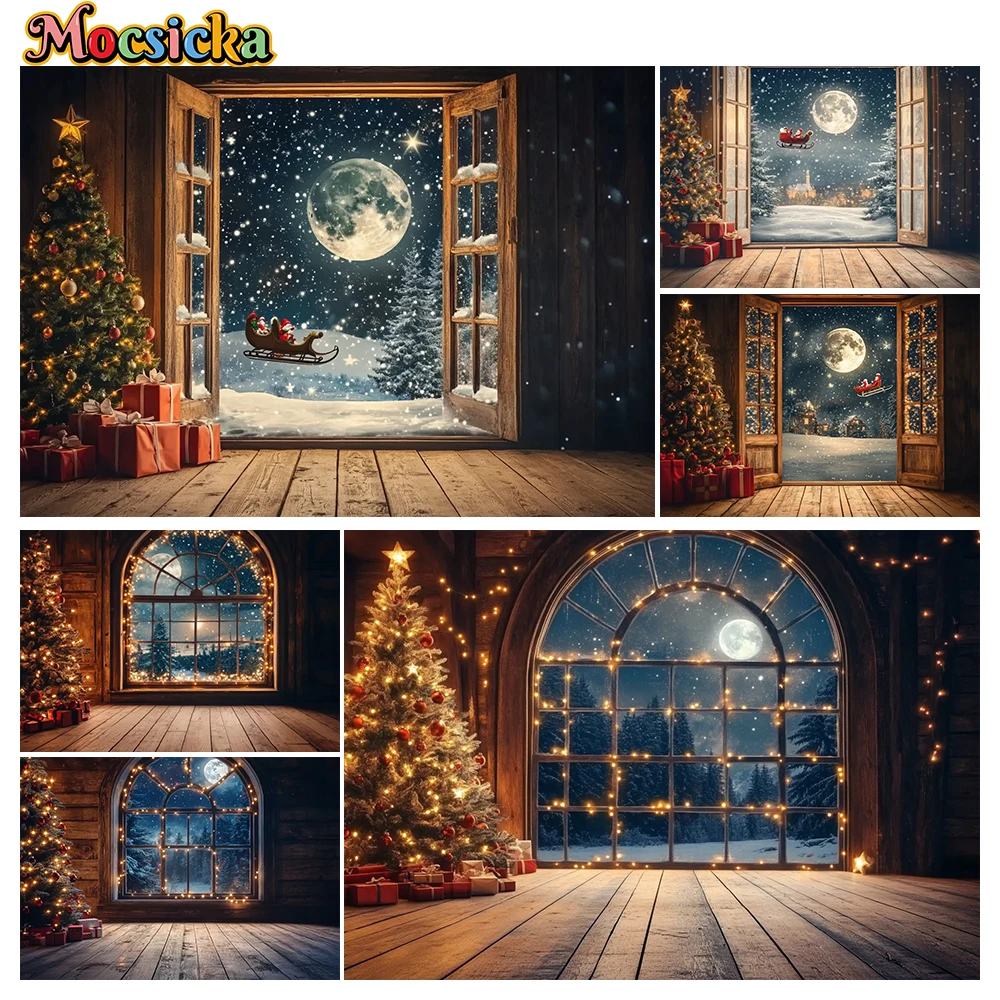 

Mocsicka Winter Photo Backgrounds Christmas Sleigh Moon Stars Holiday Party Family Kids Photo Backgrounds Studio Props