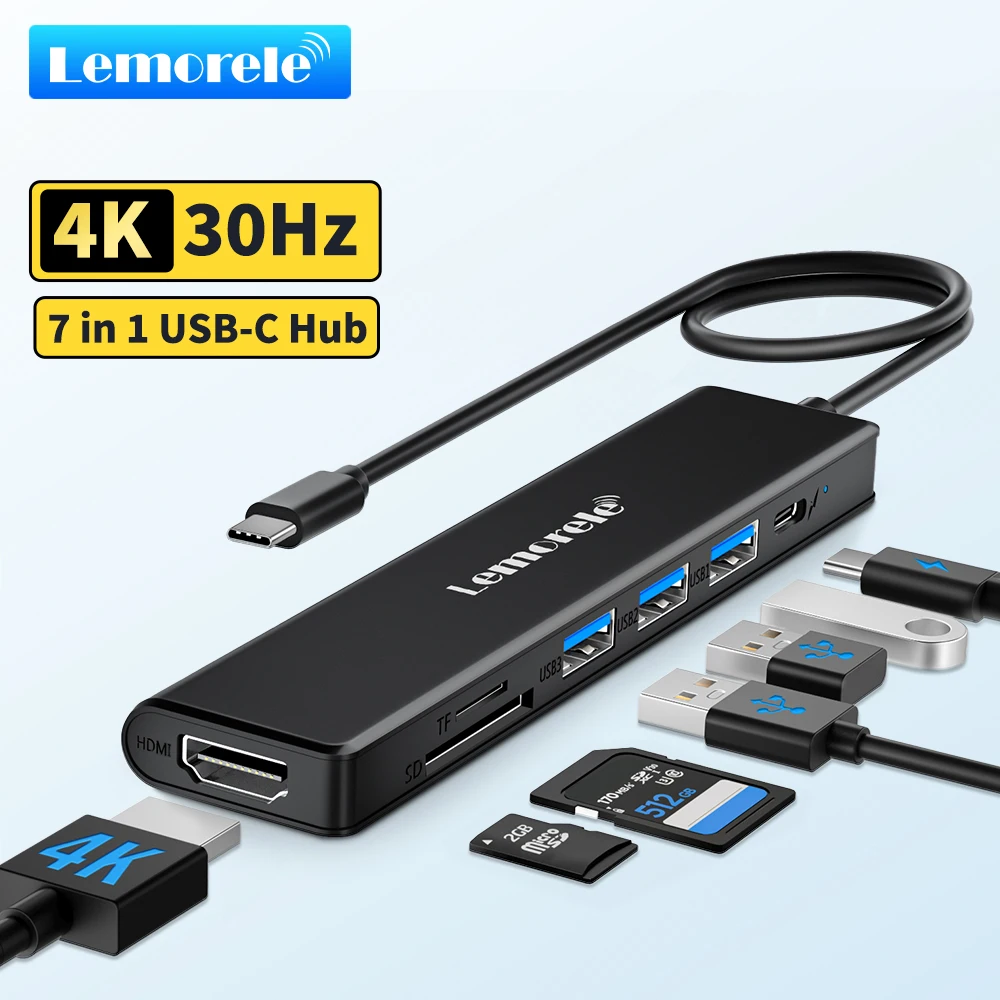 Lemorele 7 In1 USB-C HUB Type-C 3.0 Docking Station HDMI 4K@30Hz 100W PD SD/TF Slot Fast Transfer for MacBook Windows PC Monito