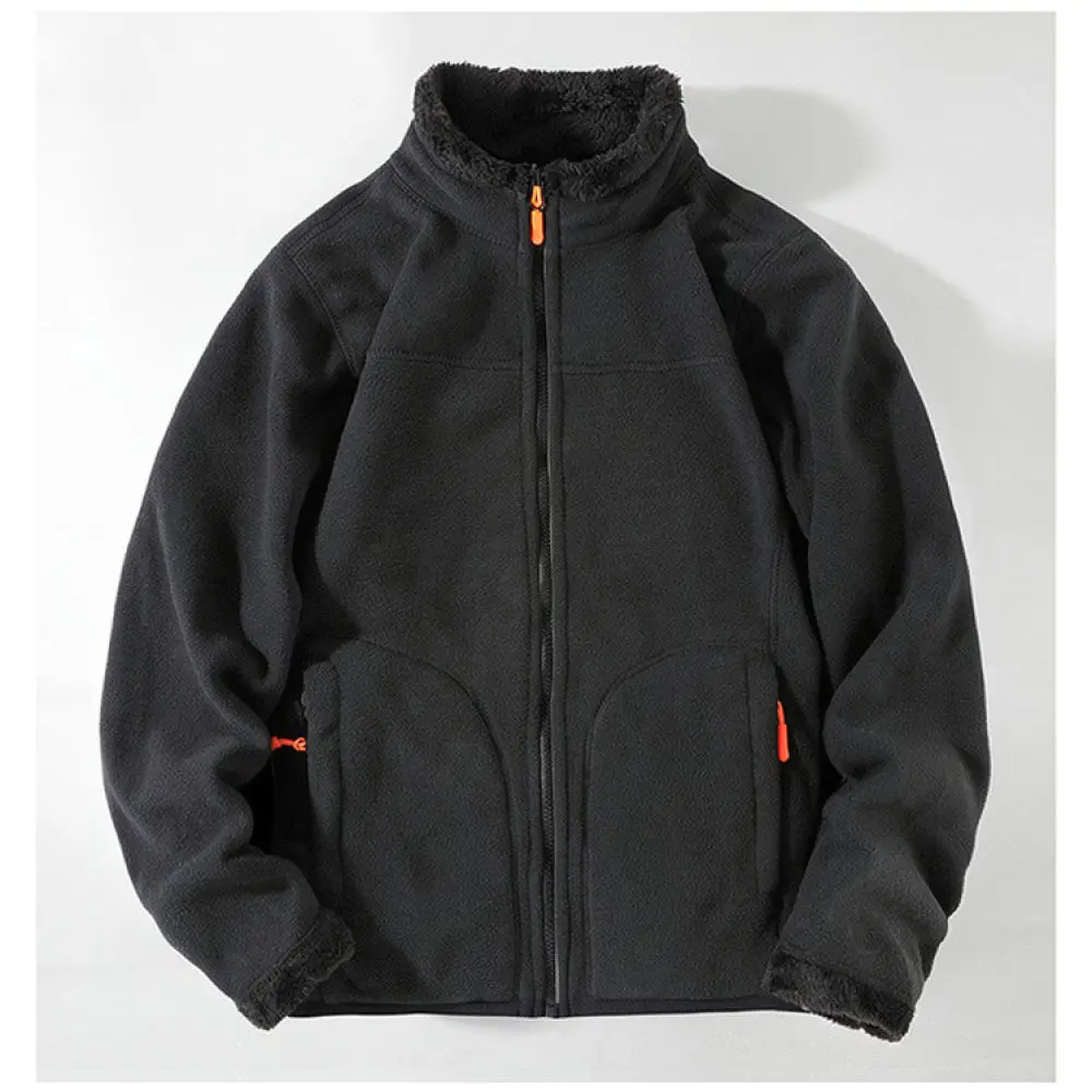Mens Winter Reversible Fleece Jacket Lambswool Hoodie Thermal Coat Casual Outdoor Hiking Windproof Warm Thickened Soft Pullover